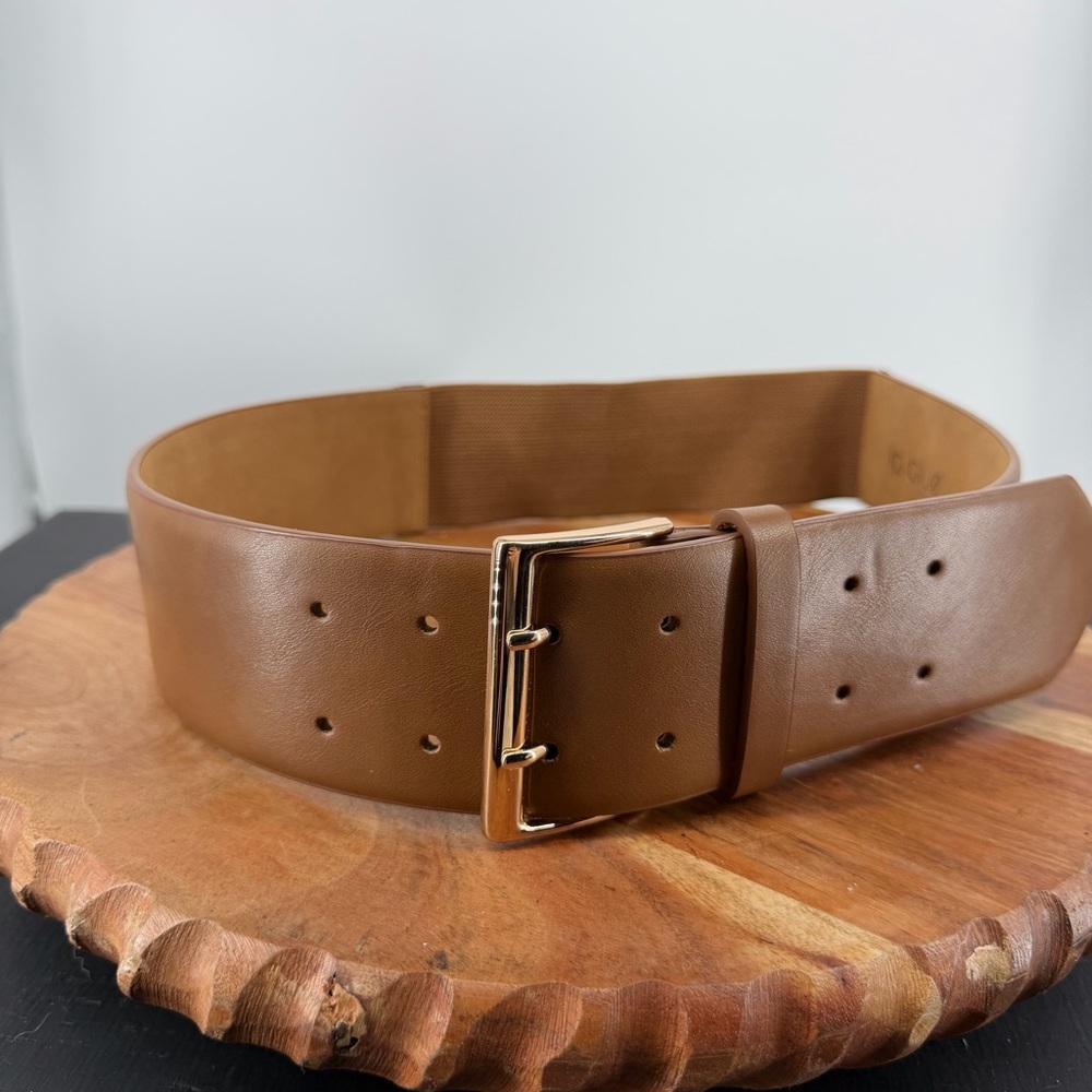 linea pelle LP blue belt double prong tan brown faux leather stretch panel sz L